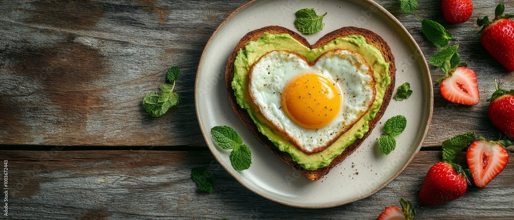 A heart-shaped piece of toast topped with creamy avocado and a sunny-side-up egg is served alongside fresh strawberries, celebrating Valentine's Day in a delightful way A heart-shaped piece of toast topped with creamy avocado and a sunny-side-up egg is served alongside fresh strawberries, celebrating Valentine's Day in a delightful way