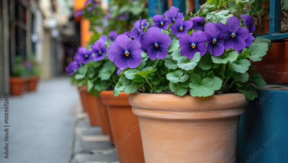 A row of terracotta pots with purple and blue pansies. Created with Ai A row of terracotta pots with purple and blue pansies. Created with Ai