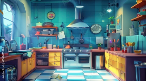 Fototapeta Naklejka Na Ścianę i Meble -  A kitchen, bright colours, 3d cartoon style, casual game, bright, soft lighting, blue background 
