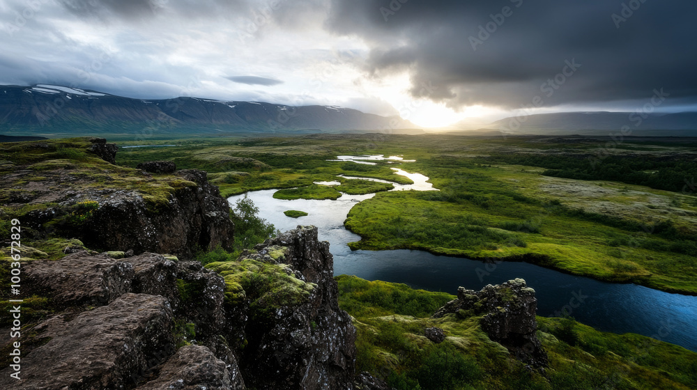 A view of the Thingvellir national park rift valley, with the tectonic plates visible along the rocky landscape. A view of the Thingvellir national park rift valley, with the tectonic plates visible along the rocky landscape.