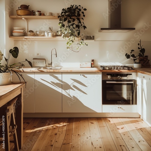 A clean kitchen, white kitchen, wooden floor, dayllight, warm colors, minimalistic photo