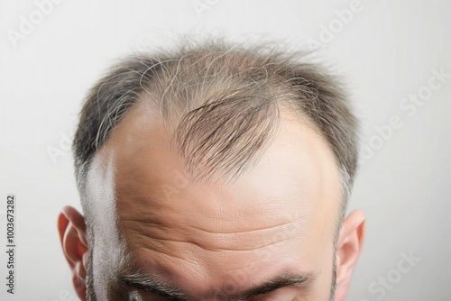 Close-up of mature caucasian man head on white background. Hair loss concept. Balding, bald, male pattern baldness. Hair follicle, scalp, skin health. Dermatology, therapy, treatment, remedy for hair