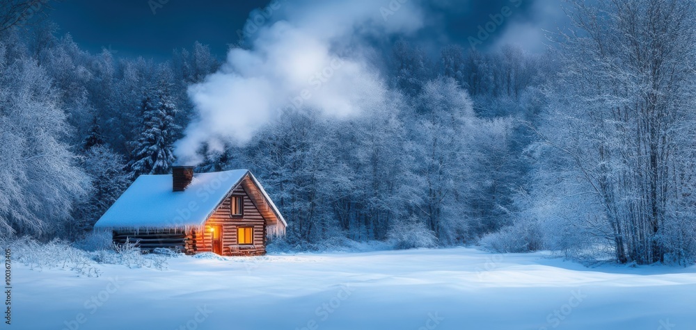 Cozy cabin in snowy landscape at night with smoke rising from chimney. Cozy cabin in snowy landscape at night with smoke rising from chimney.