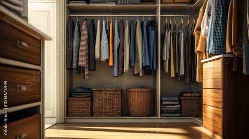 A closet with a lot of clothes and a basket of clothes