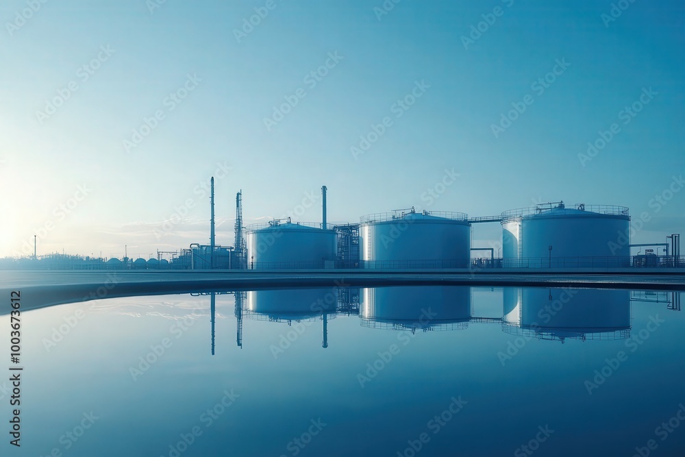 Naklejka premium Industrial Gas Storage Tanks and Pipelines with Reflection on Water Against Blue Sky 