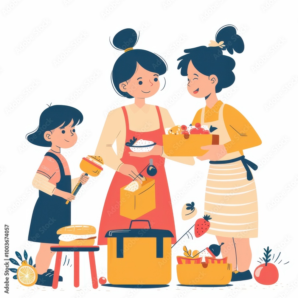 Vector image full colour of a mother preparing the kids lunch boxes Vector image full colour of a mother preparing the kids lunch boxes