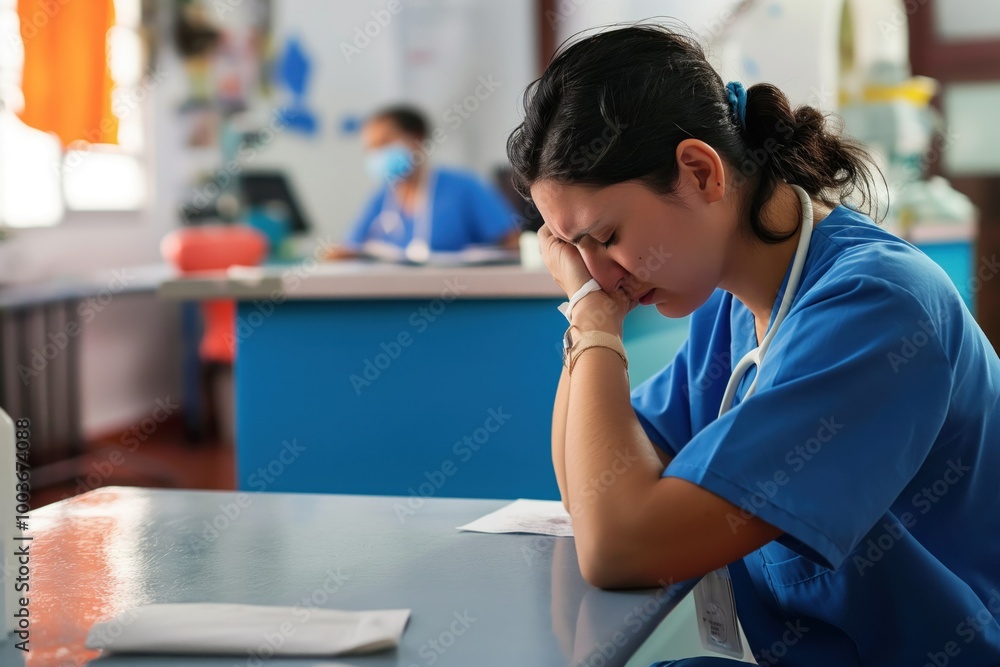 Tired female nurse sits at table in clinic, surrounded by medical equipment. Exhausted healthcare professional struggles with burnout and stress. Medical caregiver works in busy hospital setting. Tired female nurse sits at table in clinic, surrounded by medical equipment. Exhausted healthcare professional struggles with burnout and stress. Medical caregiver works in busy hospital setting.
