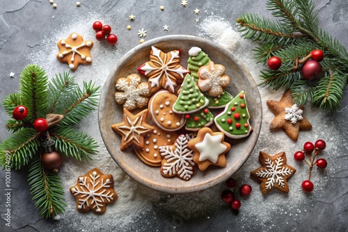 Homemade gingerbread Christmas cookies in icing sugar. Delicious gingerbread cookies on the background of a bokeh of Christmas tree lights. Freshly baked Christmas gingerbread cookies.