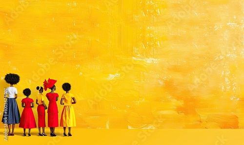 National Black History Month. Holiday concept. Children, men, women stand with their backs on a yellow background. Copy space
