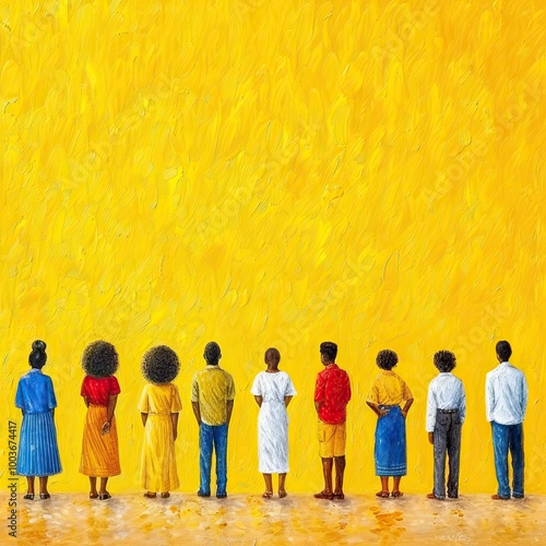 National Black History Month. Holiday concept. Children, men, women stand with their backs on a yellow background. Copy space