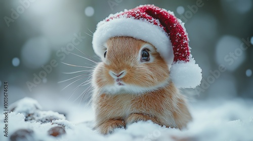 Adorable baby rabbit wearing a Santa hat in snowy winter setting, perfect for Christmas and holiday greetings