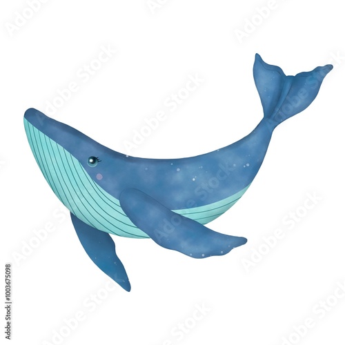 Hand drawn whale in turquoise and blue tones, watercolor illustration