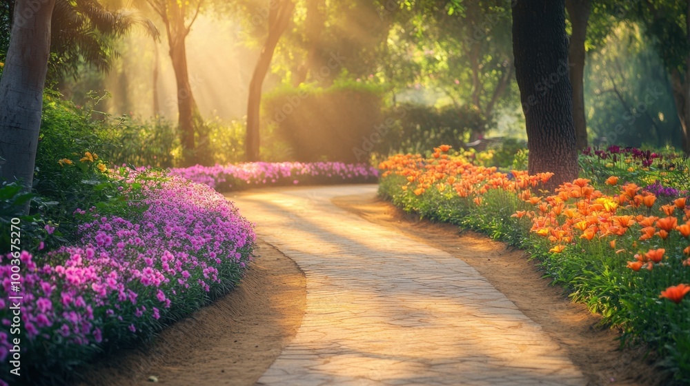 Obraz premium Sunlit park pathway with vibrant flowers and trees on both sides creating a peaceful walking trail filled with nature's beauty