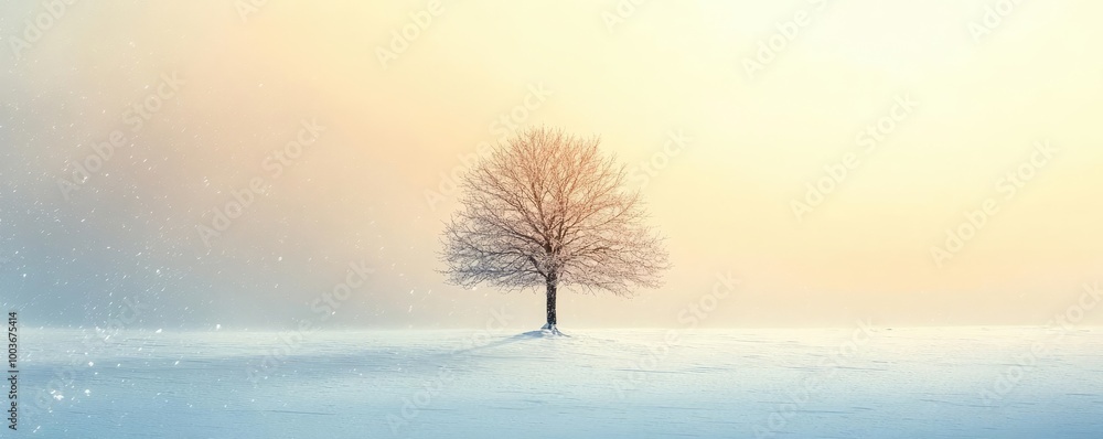 Fototapeta premium A solitary tree stands in a serene winter landscape, surrounded by soft snow and a pastel colored sky.