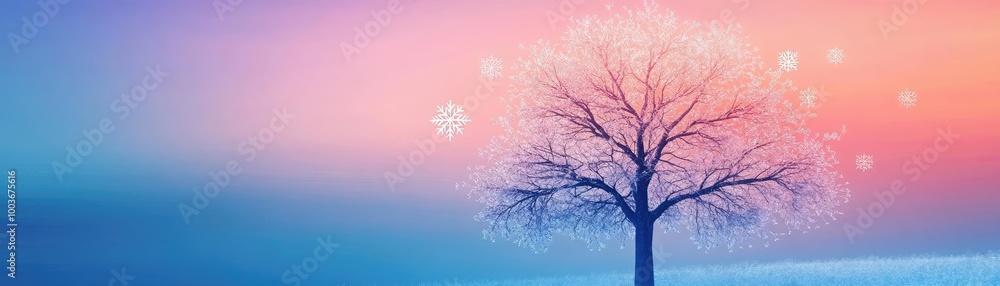 A serene winter landscape featuring a solitary tree against a colorful twilight sky with gentle snowfall. A serene winter landscape featuring a solitary tree against a colorful twilight sky with gentle snowfall.
