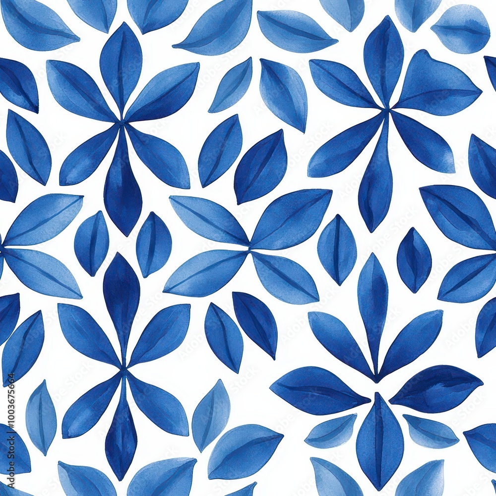Fototapeta premium A vibrant watercolor pattern featuring blue floral and leaf shapes on a white background, creating a fresh and elegant design.
