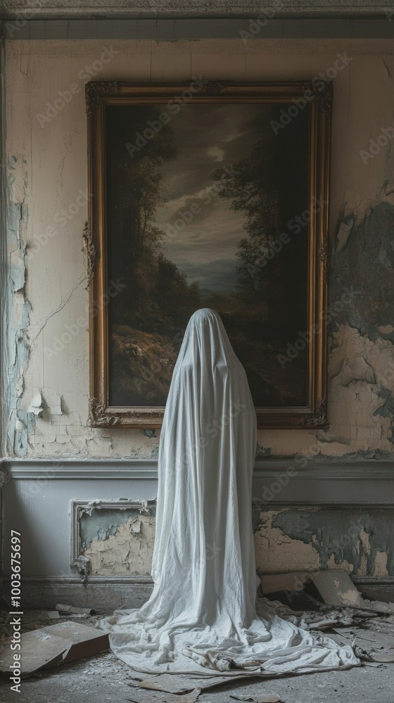 Ghostly figure in abandoned room with landscape Ghostly figure in abandoned room with landscape