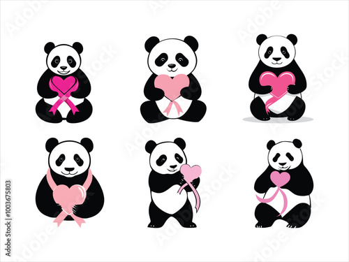 Pandas with Pink Hearts and Ribbons - Breast Cancer Awareness Art for Niche Audiences.