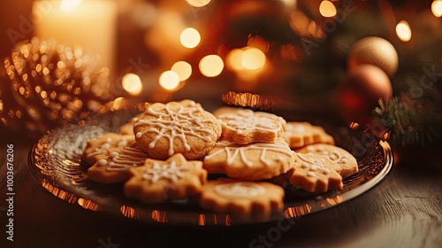 Delicious holiday cookies arranged on a decorative plate, illuminated by warm candlelight and festive lights, perfect for celebrations.