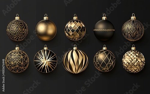 A collection of decorative gold and black Christmas ornaments showcasing various patterns and designs.