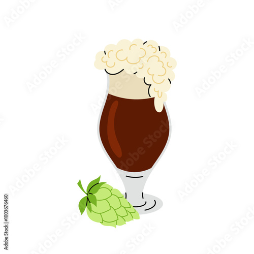 Glass of dark beer. Hop cone. Alcohol drink. A frothy beer in a drinking glass. Flat illustration on a white background.