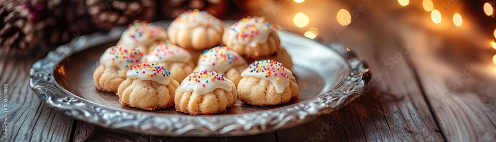 Delicious freshly baked cookies sprinkled with colorful toppings, displayed on a vintage silver platter, perfect for festive celebrations. Delicious freshly baked cookies sprinkled with colorful toppings, displayed on a vintage silver platter, perfect for festive celebrations.