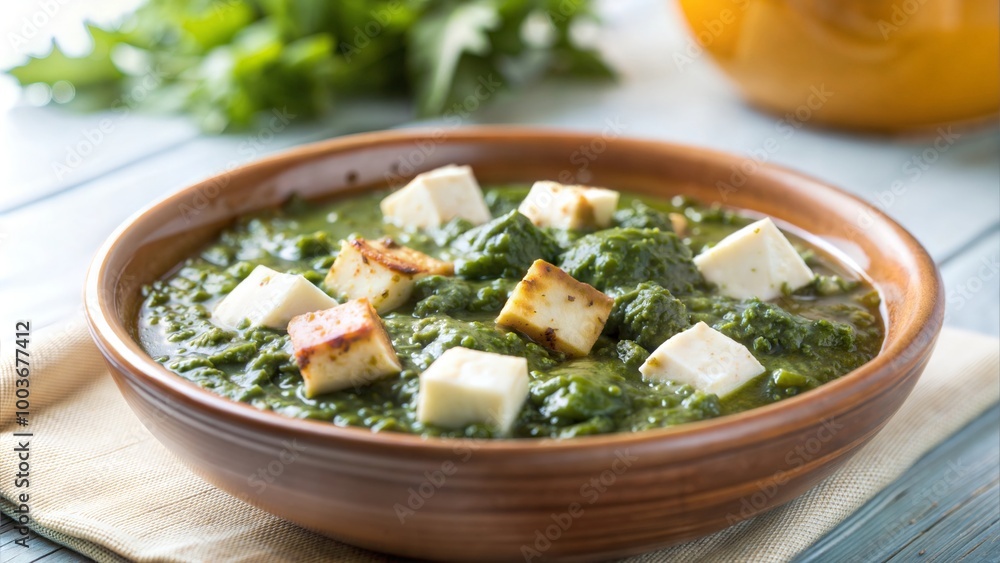 Indian Curry Dish: Palak Paneer Made with Spinach and Cottage Cheese, Served in a Ceramic Bowl, Selective Focus
Indian Curry Dish: Palak Paneer Made with Spinach and Cottage Cheese, Served in a Ceramic Bowl, Selective Focus