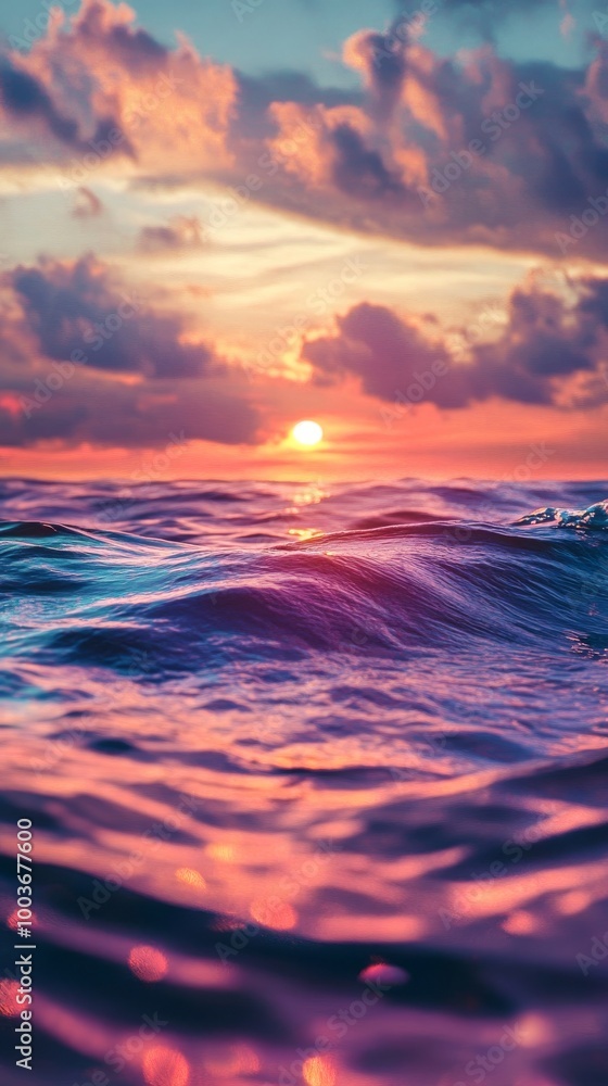 Sunset over ocean waves with dramatic pink Sunset over ocean waves with dramatic pink