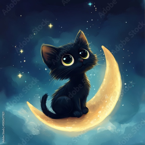 Adorable black kitten perched on a crescent moon, gazing at the stars in a dreamy, starry nighttime scene