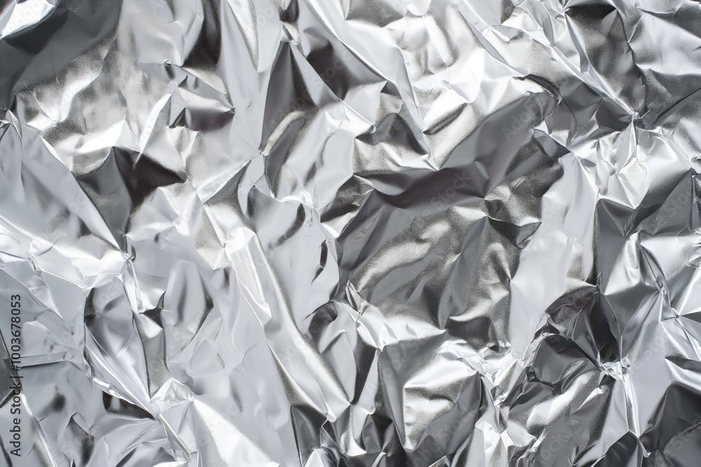 Crumpled silver foil background in top view. Close-up of shiny metal surface with intricate texture. Elegant and modern decorative element for kitchen, food, or fashion design. Crumpled silver foil background in top view. Close-up of shiny metal surface with intricate texture. Elegant and modern decorative element for kitchen, food, or fashion design.