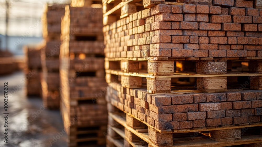 A stack of wooden pallets with bricks on top A stack of wooden pallets with bricks on top