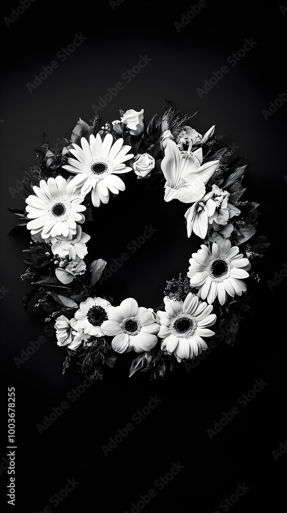 a black and white photograph of a floral wreath. The wreath is circular and made up of various flowers, including daisies and lilies, arranged in a symmetrical pattern. The background is dark a black and white photograph of a floral wreath. The wreath is circular and made up of various flowers, including daisies and lilies, arranged in a symmetrical pattern. The background is dark