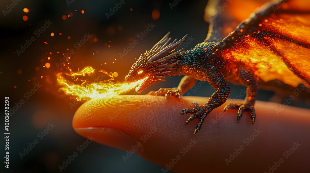 © KeetaKawee - Tiny Dragon Breathing Fire on Finger Tip
