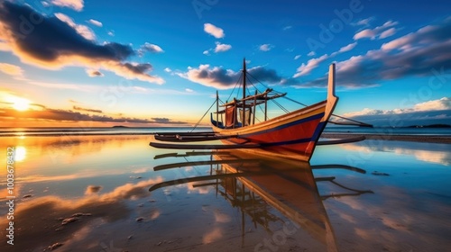 Wallpaper Mural Sunset Serenity: A Colorful Boat Anchored in a Tranquil Bay Torontodigital.ca