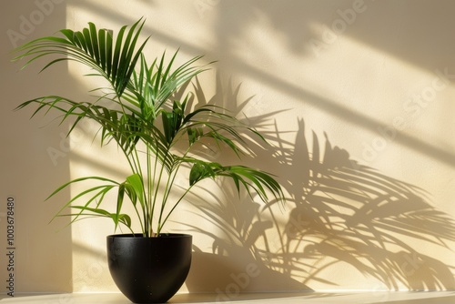 A vibrant green indoor palm plant in a black pot, illuminated by sunlight, casting intricate shadows on a beige wall.