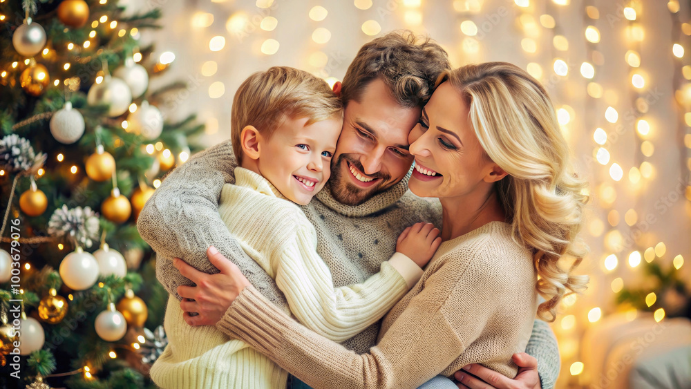 A joyful family embraces each other during the festive season, surrounded by a beautifully decorated Christmas tree and warm lights. A joyful family embraces each other during the festive season, surrounded by a beautifully decorated Christmas tree and warm lights.