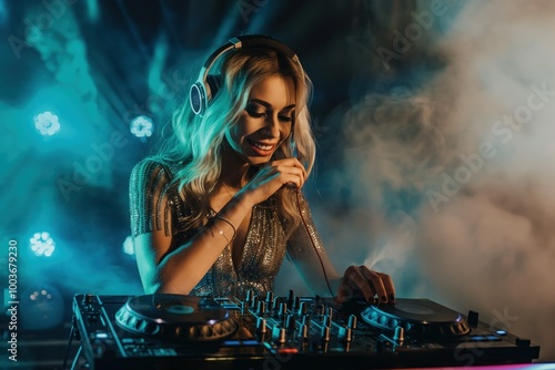 Happy woman with blonde hair wearing headphones, touches them in a smoke-filled nightclub. Clubber dances, listens to music. Female DJ spins tracks, energetic atmosphere. photo