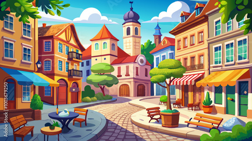 Vibrant european city street scene on a sunny summer day with historic buildings, quaint cafes, and a map lying on a bench, awaiting discovery.