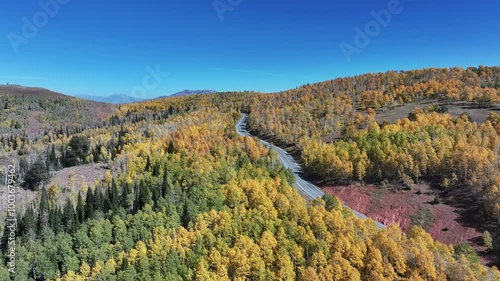 Aerial Summit Mount Nebo scenic byway road autumn 2 pull. Beautiful season fall colors Aspen, Oak, Pine forest. Canyon central Utah. Exploring natural landscape. Seasonal weather. Nature recreation. photo