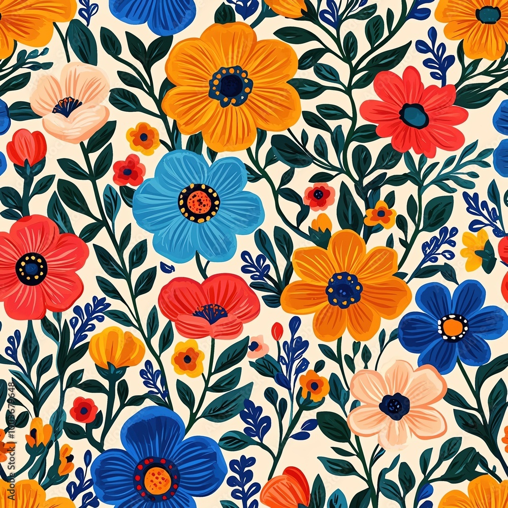 A whimsical seamless pattern with playful, oversized flowers in bright, contrasting colors A whimsical seamless pattern with playful, oversized flowers in bright, contrasting colors