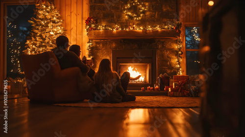 A family sitting by a warm fireplace on Christmas Eve, enjoying festive decorations and lit Christmas trees, creating a peaceful Christmas atmosphere in a beautifully decorated living room.