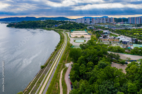 Namyangju-si, Gyeonggi-do, South Korea - May 20, 2020: Aerial view of of Han River and Hangang Park Sampae District photo