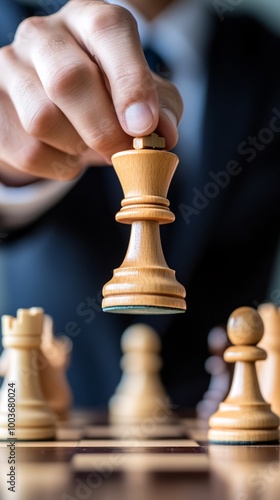 view of a chess board with a hand wearing a suit coming from behind the board, holding a lone chess piece on the board. serious blue background, 