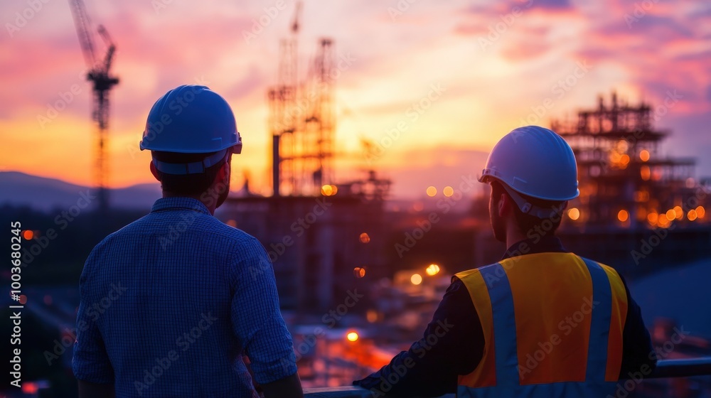 Engineers in Hard Hats Overlooking Construction Site at Sunset Teamwork in Industrial Environment Engineers in Hard Hats Overlooking Construction Site at Sunset Teamwork in Industrial Environment