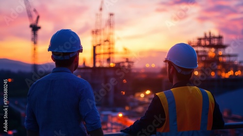 Engineers in Hard Hats Overlooking Construction Site at Sunset Teamwork in Industrial Environment