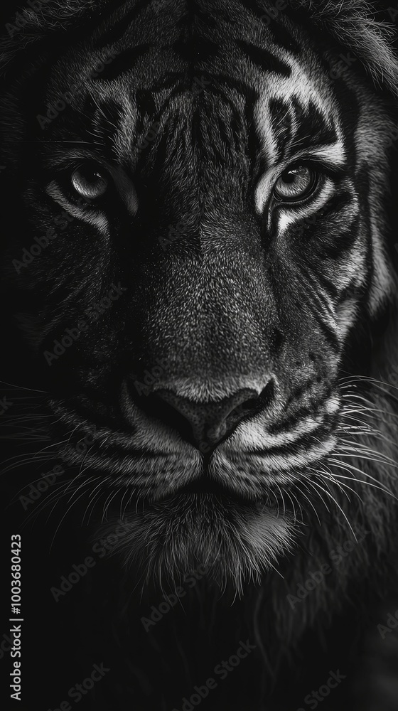Intense black and white close-up of a tiger's face, capturing its fierce and powerful gaze Intense black and white close-up of a tiger's face, capturing its fierce and powerful gaze