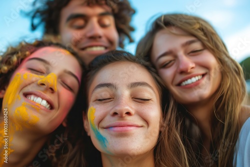 Group of friends with closed eyes smiling in bright sunlight. Happy young adults with cheerful faces, colorful clothing and casual attire. Women and men together, enjoying summer day outdoors.