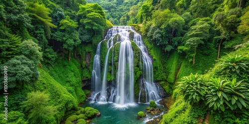Waterfall cascading through lush greenery from high angle
