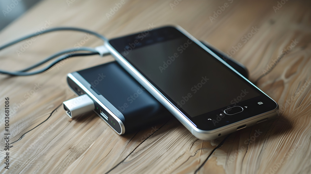 Power bank charging a black smartphone on a wooden table with cables close up. Power bank charging a black smartphone on a wooden table with cables close up.