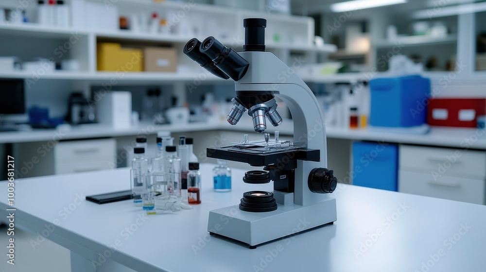 Modern Microscope on a Laboratory Table with Test Tubes